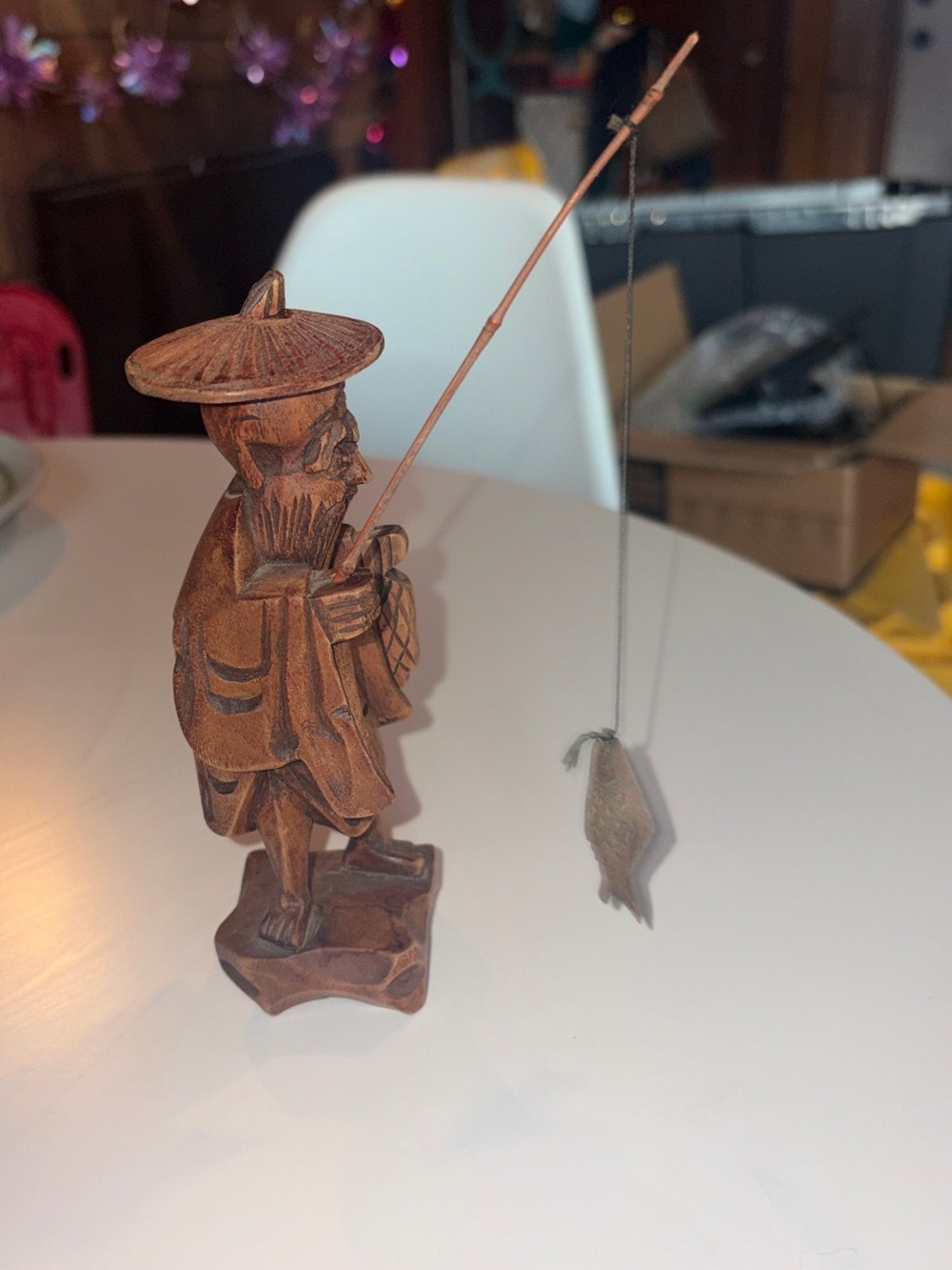 Hand-Carved Wooden Fisherman Statue - Brown